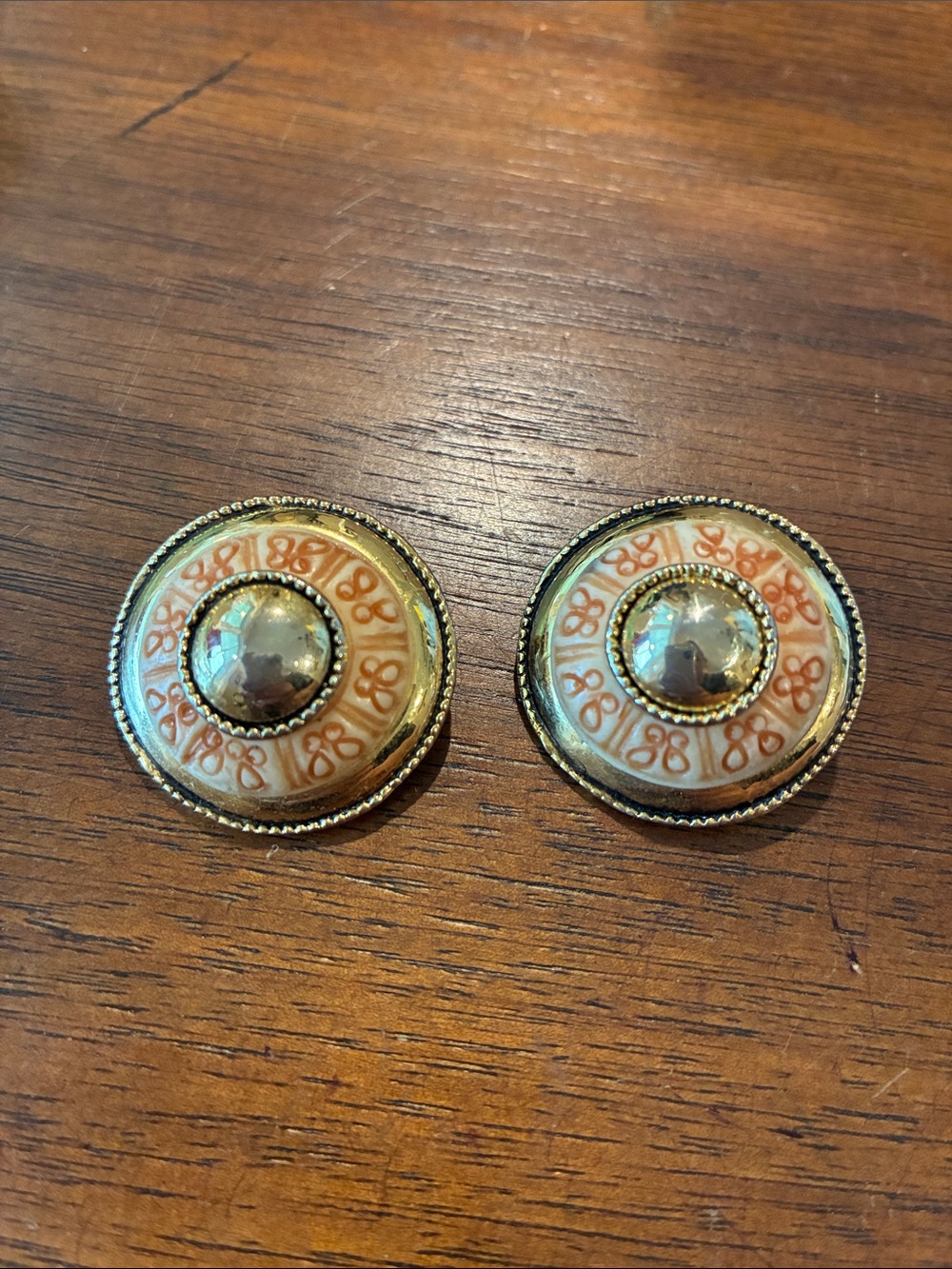 Vintage, Etched Cream and Gold Clip-On Earrings